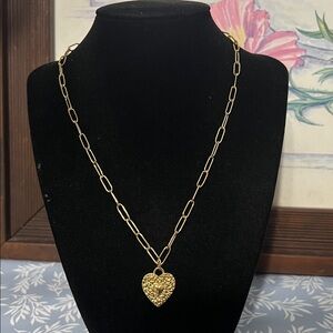 Gold plated stainless steel paper clip chain necklace with heart pendant